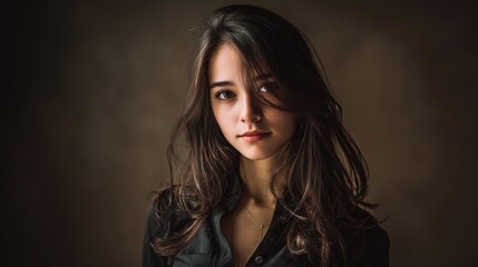 Fototapeta premium Portrait of a Young Woman with Long Dark Hair and Intense Expression in a Studio Setting