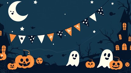 Vector flat design of a Halloween party background, featuring cute ghosts, pumpkins, and stars, with a large blank central area left for text, in a style similar to a fun children's picture book.