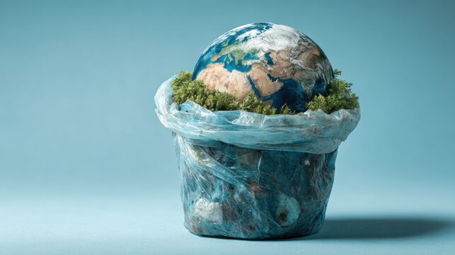 Earth Globe in a Plastic Bag with Green Plants, Illustrating Environmental Awareness and Corporate Social Responsibility Initiatives : Generative AI