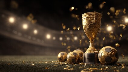 Golden Soccer Trophy and Balls on a Field Under Stadium Lights, Representing Championship Victory and Sporting Achievement, Perfect for Tournament Promotion : Generative AI