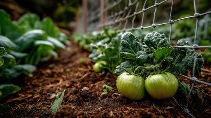 Green Tomatoes Growing in a Garden Row With Wire Fence, Representing Healthy Eating and Sustainable Agriculture for Food Production and Local Business : Generative AI
