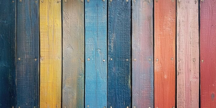 A colorful wooden fence with a rainbow of colors, including blue, yellow, green, orange, and red, painted on vertical planks. 