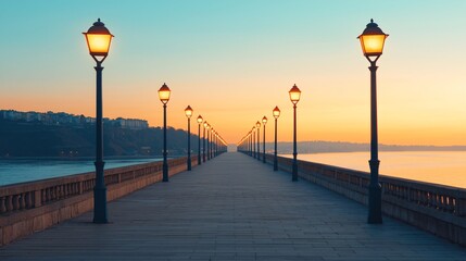 Obraz premium Wide cinematic dusk shot of Smart Flood Barrier illuminated with LED safety lights along waterfront. 