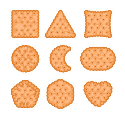 Set of biscuit cookie snacks set collection. Tasty breakfast dessert pastry, homemade pie chips with various shapes. Crispy or crunchy snack. Isolated on white background. Flat vector illustration.