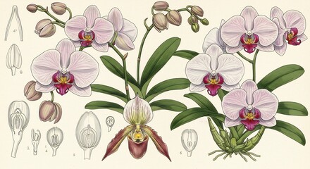 光が当たるように繊細に描かれた蘭の植物画 優雅な胡蝶蘭やユニークなパフィオペディルムが鮮やかに咲き誇る詳細な花の構造図が学術的で芸術的な美しさを加える. AI Generated