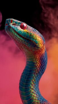 A close-up of a vibrant, multicolored snake with iridescent scales against a pink-orange backdrop!!