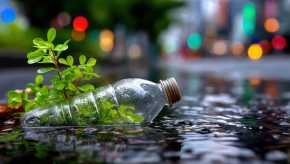 Sprout Growing Inside Discarded Plastic Bottle in Puddle, Symbolizing Environmental Awareness and Sustainable Innovation for a Greener Future : Generative AI