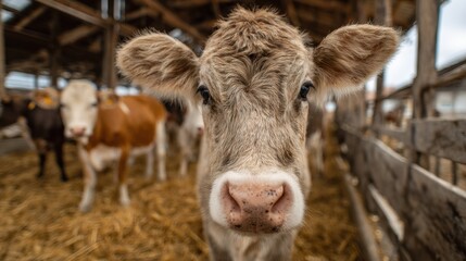 Close-Up of a Brown Cow in a Barn, Representing Agricultural Sustainability and Farm-to-Table Freshness, Ideal for Food Industry Marketing and Animal Welfare Campaigns : Generative AI