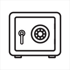 Minimalist line art icon representing a sturdy security safe, equipped with a dial lock and keyhole for safeguarding valuables, embodying concepts of protection, finance, and treasure storage