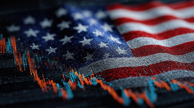 American Flag Overlayed With Stock Market Graph, Symbolizing Financial Investment and Economic Trends in the United States : Generative AI