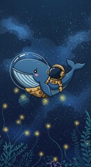 A whimsical illustration depicts an astronaut riding a friendly whale through a starry night sky, surrounded by glowing, whimsical flora, creating a dreamlike and fantastical atmosphere.