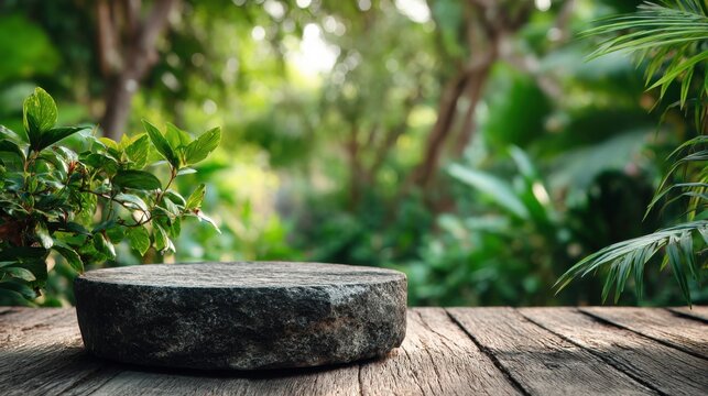 Stone Platform on Wooden Table in Lush Garden, Ideal for Product Display and Sustainable Branding Campaigns : Generative AI