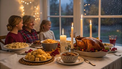 Warm family gathering enjoying a festive holiday feast with a roasted turkey and abundant side dishes by candlelight