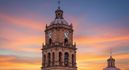Architectural landmark with clock tower silhouetted against sunset sky