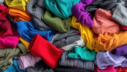 Pile of Colorful Clothes, Representing Textile Recycling, Fashion Industry, and Sustainable Consumption : Generative AI