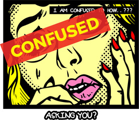 Confused Pop Art Woman Asking Questions, Comic Style Illustration with Speech Bubble and Red Banner