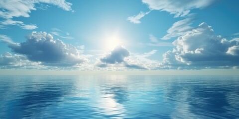 A serene ocean with a bright sun shining through the clouds, creating a beautiful and calming atmosphere. 