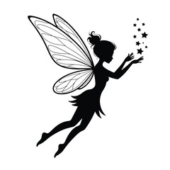 Black silhouette of a fairy with delicate wings holding stars vector