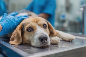 Beagle Dog Being Examined by a Veterinarian, Showing Animal Healthcare and Compassionate Pet Ownership in a Clinical Setting : Generative AI