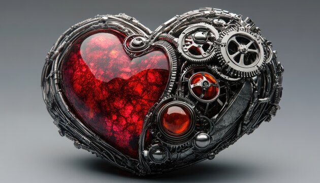 Steampunk heart, intricate gears and wires enclose a vibrant red heart - Powered by Adobe