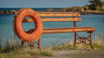 Weathered Lifebuoy on Rusty Bench Overlooking Calm Sea, Symbolizing Safety and Coastal Tourism, Ideal for Travel and Vacation Marketing : Generative AI