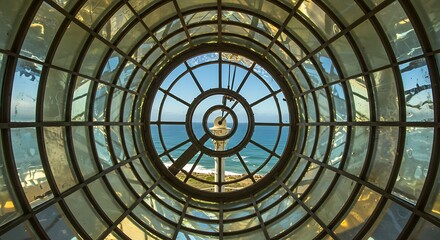 Obraz premium Architectural window view of ocean and sky with circular design
