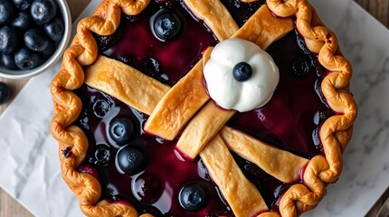 Delectable Blueberry Pie: An inviting top-down shot of a homemade blueberry pie, displaying a lattice crust, plump berries, and a dollop of fresh cream, capturing the essence of a delicious treat.