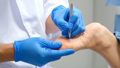 Podiatrist Examining Foot with Surgical Tools for Medical Procedure Closeup