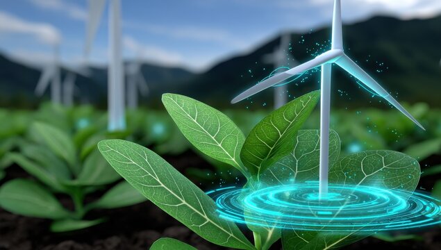 Wind Turbines and Growing Plants With Digital Effect, Illustrating Sustainable Energy and Environmental Stewardship for Corporate Responsibility Reports : Generative AI - Powered by Adobe
