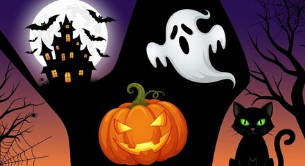 Halloween Night Scene with Haunted House Ghost Pumpkin and Black Cat