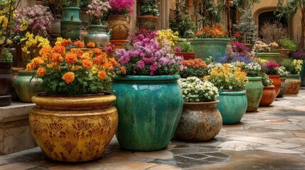 Rows of Colorful Flowers in Ceramic Pots on Stone Patio, Showcasing Garden Design and Home Improvement Projects : Generative AI