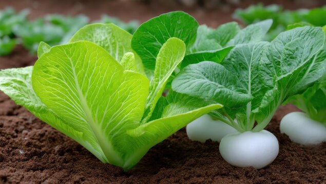 Fresh Lettuce Growing in Brown Soil, Symbolizing Sustainable Agriculture and Healthy Eating Habits for Food Production and Gardening Content : Generative AI