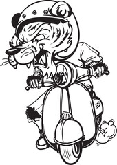 Furious cartoon tiger in helmet riding a classic scooter, vintage style black and white illustration with exhaust smoke.
