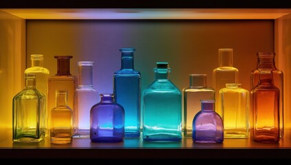 Collection of Colorful Glass Bottles on a Shelf, Representing Scientific Research and Pharmaceutical Development in a Modern Laboratory Setting : Generative AI