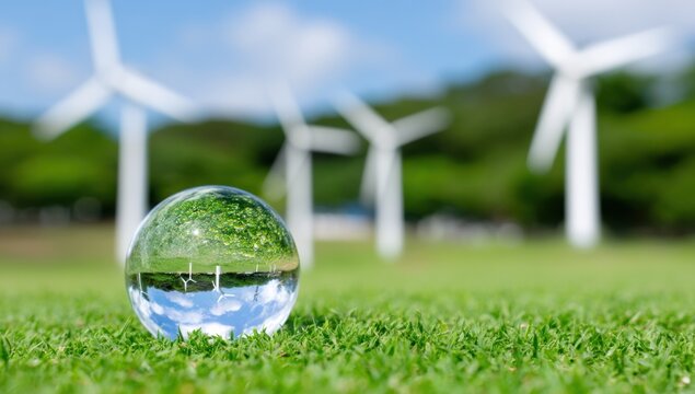 Wind Turbines Reflected in Crystal Ball on Green Grass, Symbolizing Renewable Energy and Environmental Awareness for Sustainable Solutions : Generative AI - Powered by Adobe