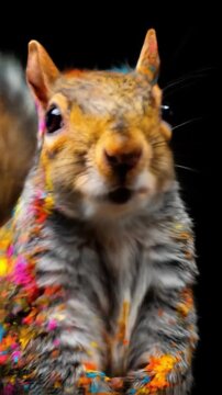 Close-up of a curious squirrel covered in vibrant paint splashes against a dark backdrop. with color