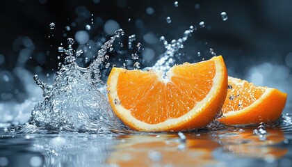 Fresh orange slices, water splashes