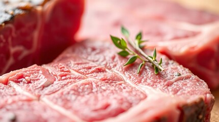 Raw Steak Delight: A mouthwatering close-up of prime, raw steak, showcasing its rich color and texture, expertly garnished with a sprig of fresh thyme. A culinary inspiration for food lovers.