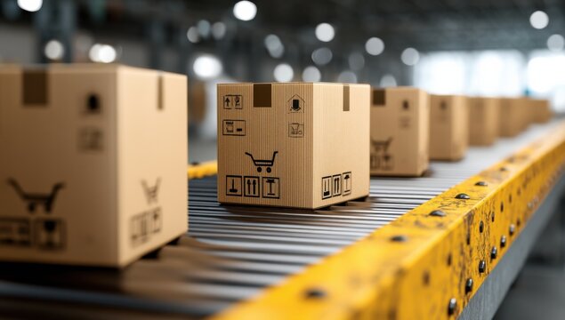 Cardboard Boxes on Conveyor Belt in Warehouse, Depicting Logistics and Supply Chain Efficiency for E-Commerce Fulfillment : Generative AI