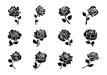 rose set collection pack bundle black shape icon silhouette vector flat illustration design on white background