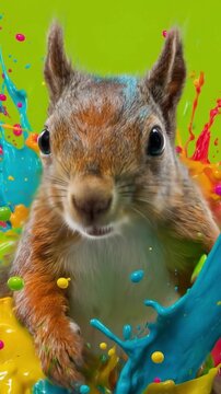 Bright paint-splashed image of a curious squirrel peering forward among vibrant colors in neon hues!