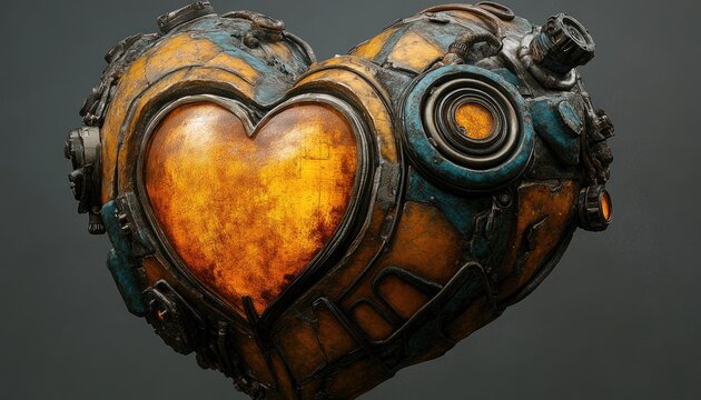 Heart-shaped steampunk contraption with glowing interior