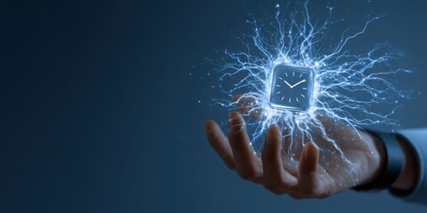 Hand Holding Floating Clock With Electric Energy, Symbolizing Time Management and Deadline Urgency, for Business Productivity and Efficiency Concepts : Generative AI