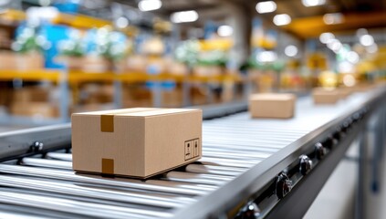 Cardboard Boxes on Conveyor Belt in Warehouse, Representing Logistics, Supply Chain Management, and E-Commerce Fulfillment : Generative AI