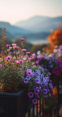 Obraz premium Floral arrangement in a container with a scenic background of mountains and sky