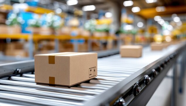 Cardboard Boxes on Conveyor Belt in Warehouse, Representing Logistics, Supply Chain Management, and E-Commerce Fulfillment : Generative AI
