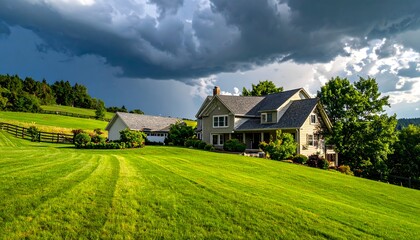 Obraz premium A large, traditional house sitting on a vibrant green, rolling lawn, backed by a dramatic, stormy sky with dark, heavy clouds.
