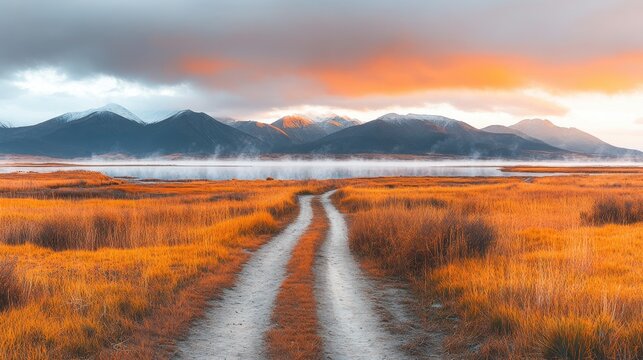 Sunrise path through golden grasslands to misty mountains