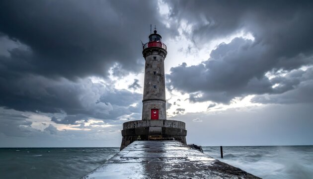A stone lighthouse stands isolated on a pier under an imposing, dramatic, stormy sky with dark, heavy clouds and rough sea water.