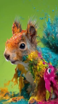 Brightly painted squirrel with orange, blue, green splashes against a vivid green backdrop. vibrant